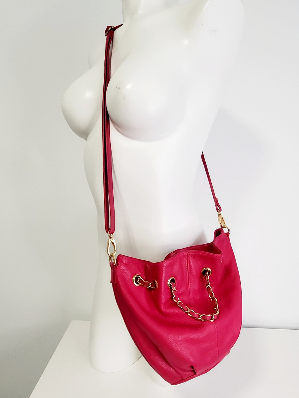 Hot Pink Pebbled Leather Mini Drawstring Bucket Bag with Gold Chain - Picture 6 of 7